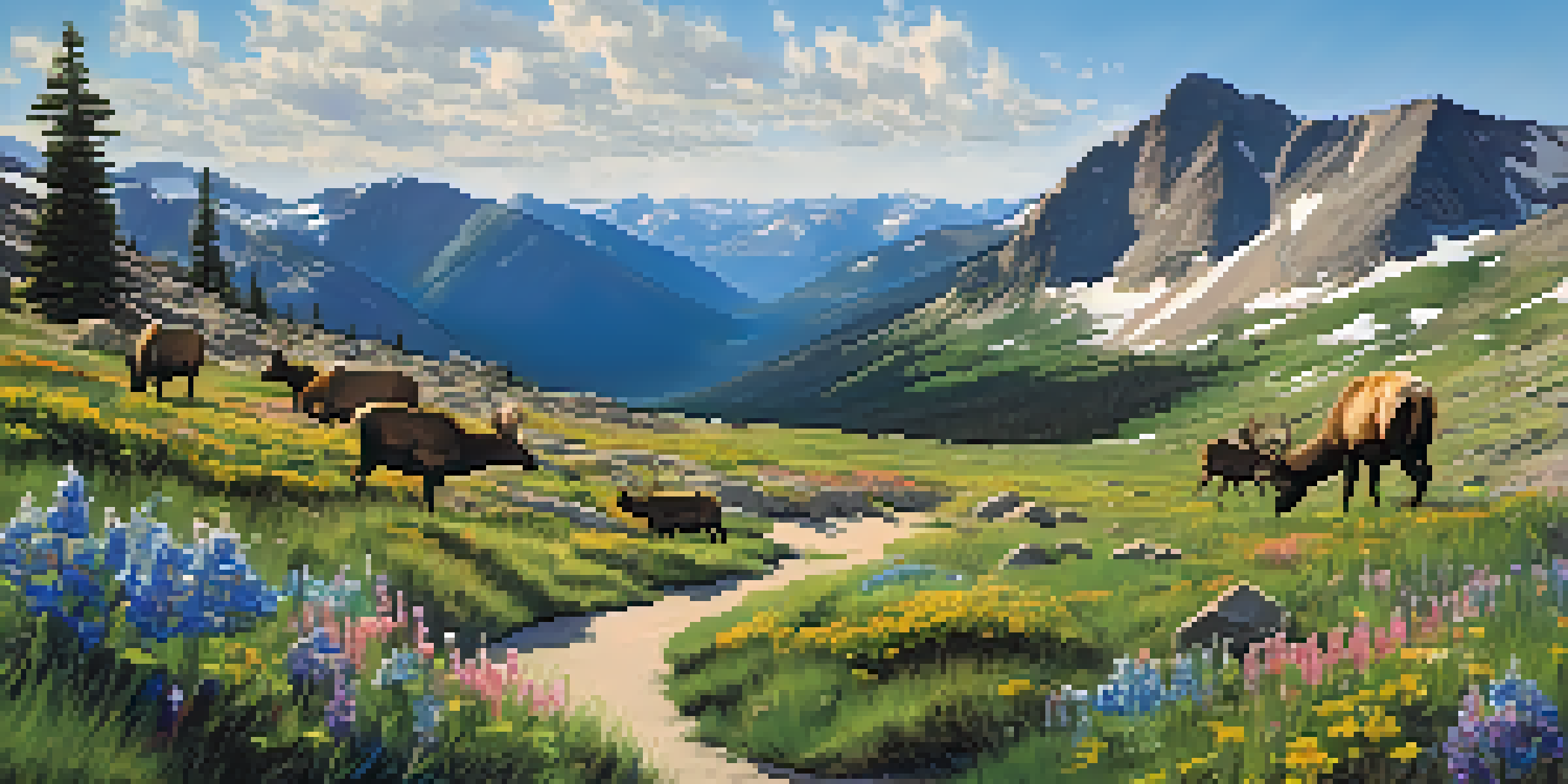 A scenic landscape of Trail Ridge Road with rugged mountains and alpine lakes, adorned with blooming wildflowers and grazing elk.