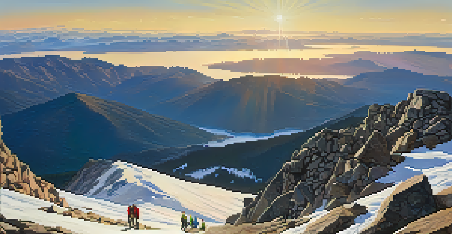 A dramatic landscape from Mount Evans summit featuring hikers, mountains, and glacial lakes under a golden sunset.