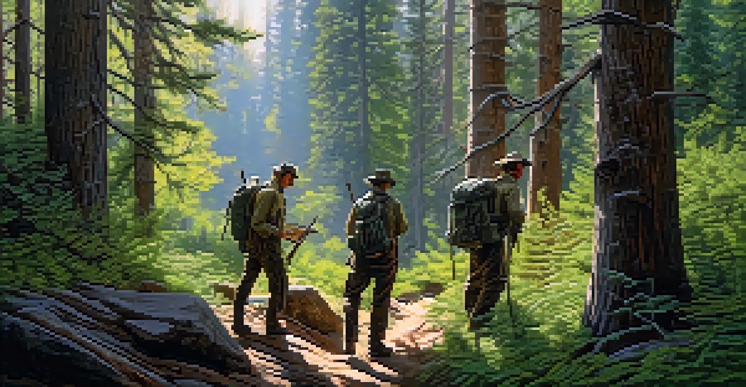 Two hunters collaborating in a Colorado forest, surrounded by dense trees and sunlight filtering through the leaves.