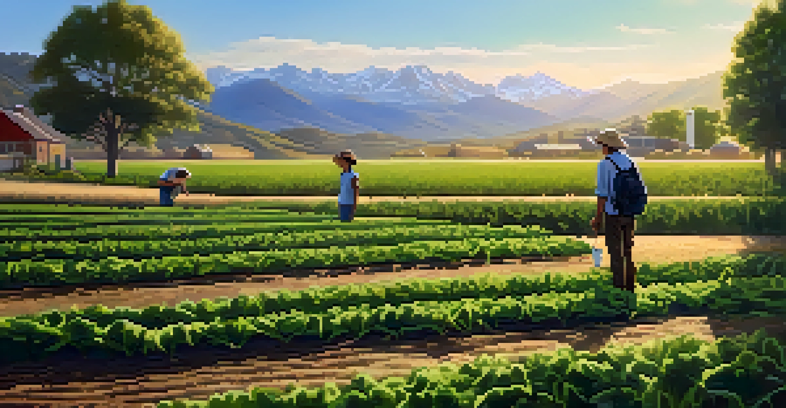 A farmer tending to a sustainable farm in a beautiful outdoor setting, with mountains in the background and students observing.
