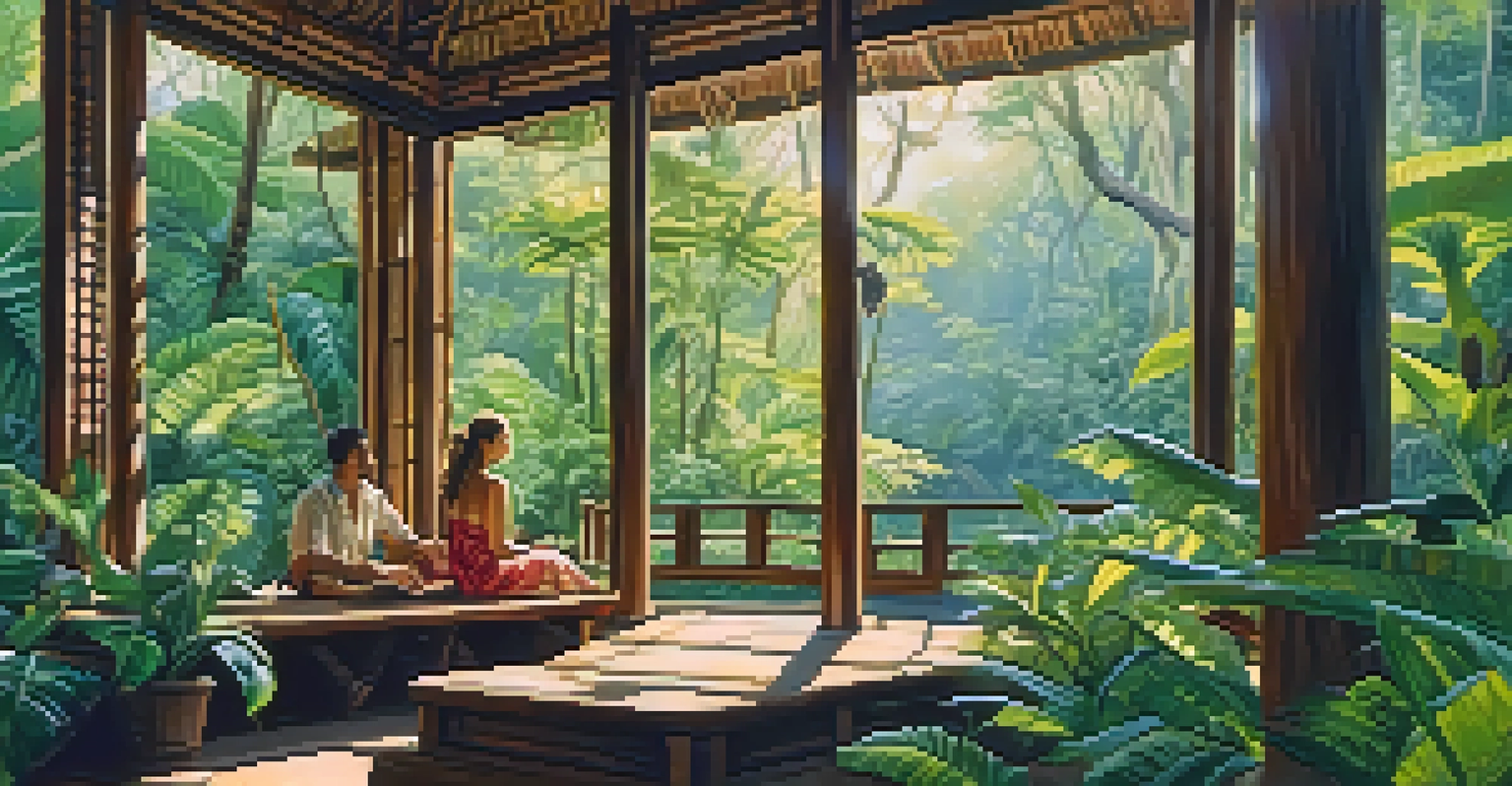 An eco-lodge in a rainforest with sunlight filtering through trees, featuring a local guide interacting with tourists.