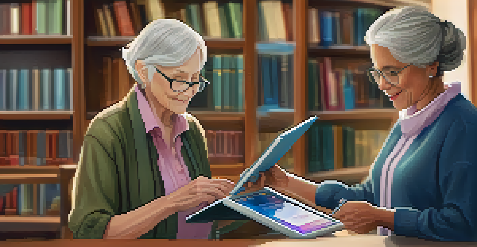 An elderly person receiving help from a librarian to learn how to use a tablet, focused on an online banking tutorial in a library.