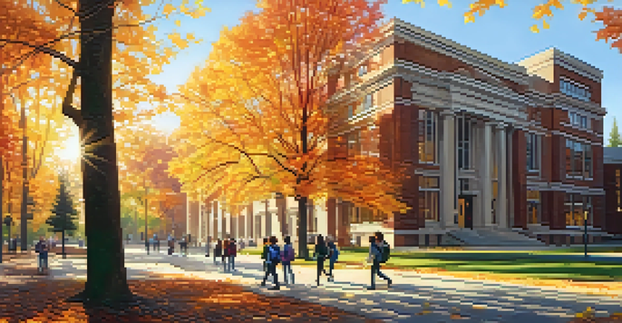 A vibrant college campus in autumn with students walking among colorful trees and a sunlit building.