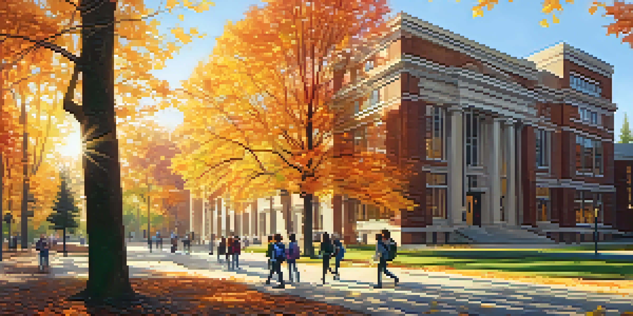 A vibrant college campus in autumn with students walking among colorful trees and a sunlit building.