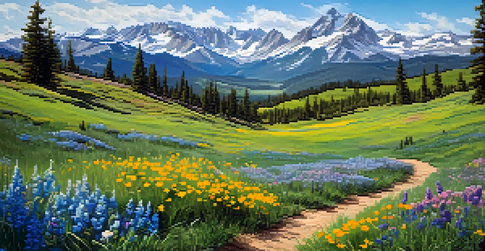 A picturesque spring meadow in Colorado with wildflowers and a hiking trail leading to mountains.