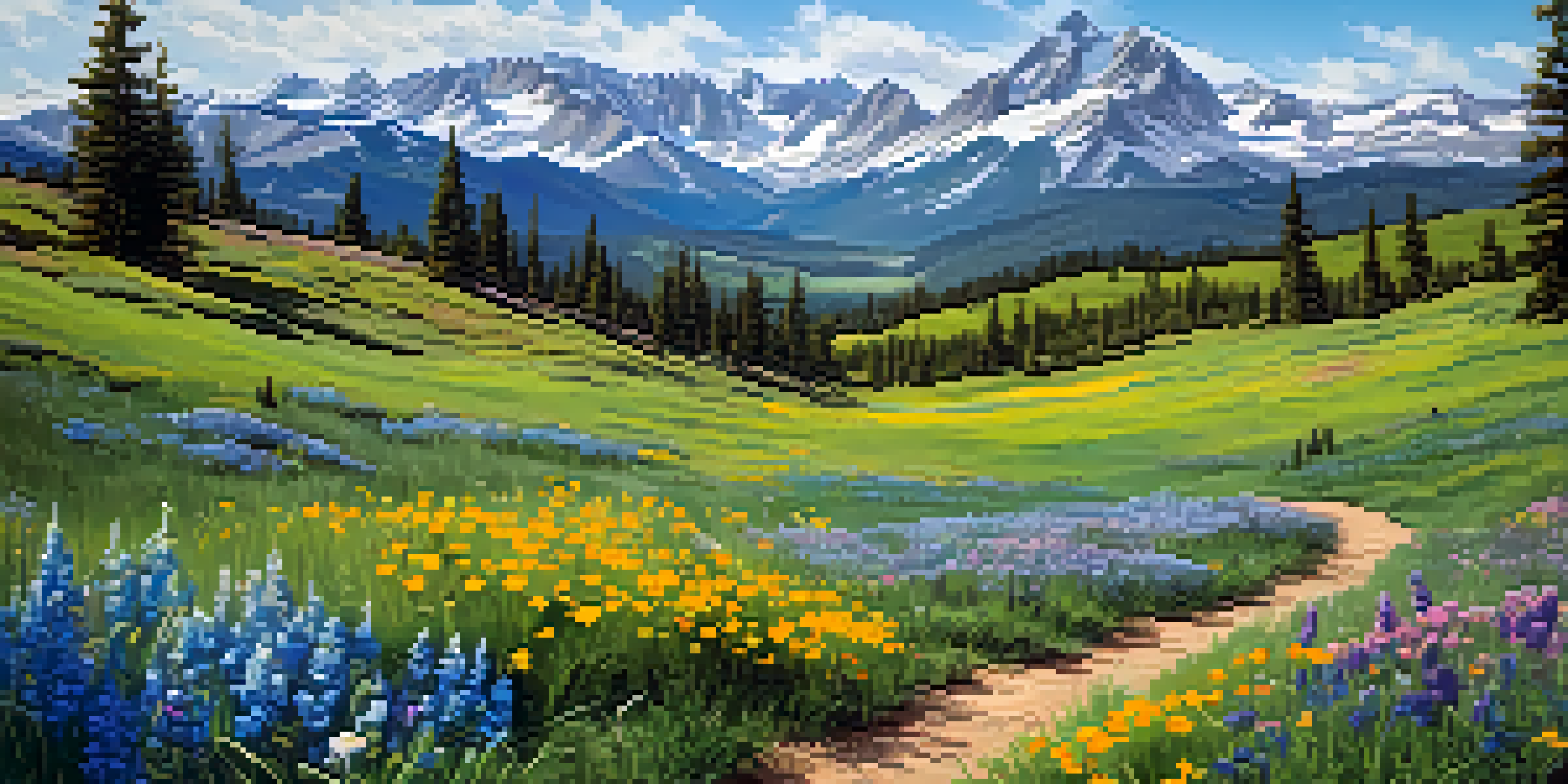 A picturesque spring meadow in Colorado with wildflowers and a hiking trail leading to mountains.