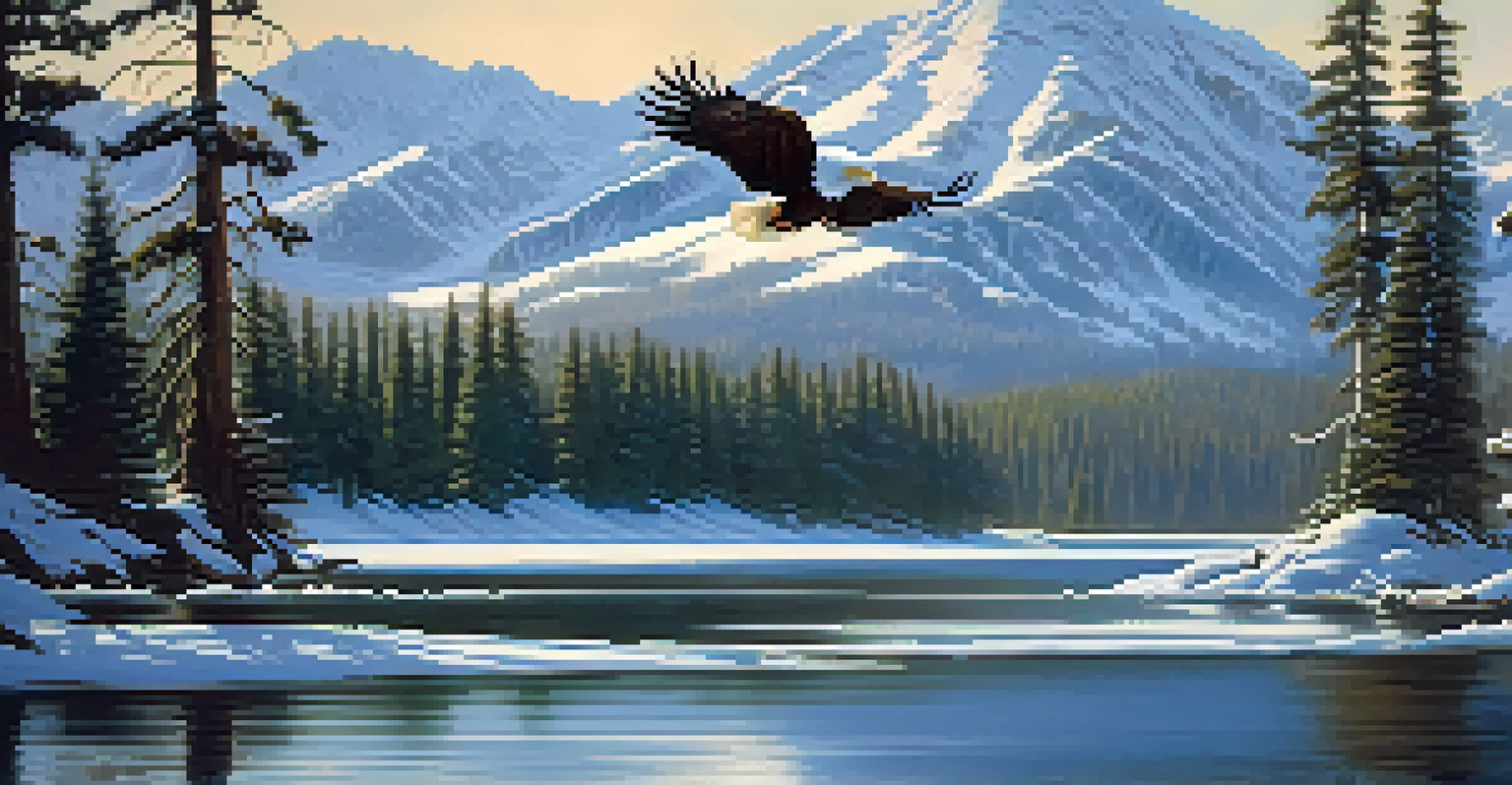 A bald eagle flying above a calm lake with mountains and trees in the background, illuminated by sunlight.