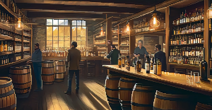 Interior of a rustic Colorado distillery with wooden barrels, soft lighting, and a bartender serving drinks to diverse patrons.