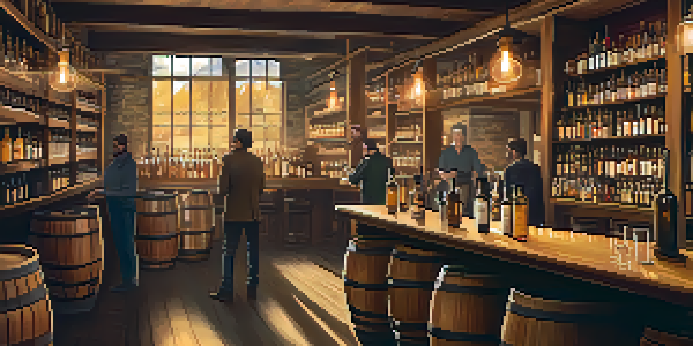Interior of a rustic Colorado distillery with wooden barrels, soft lighting, and a bartender serving drinks to diverse patrons.