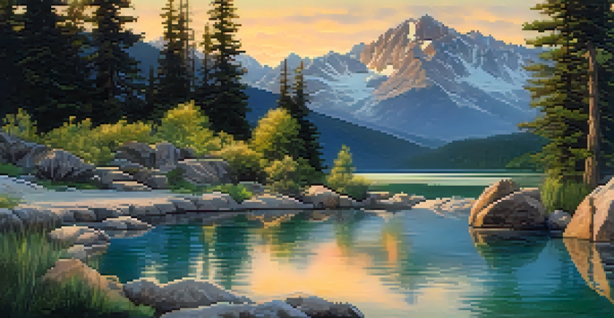 A peaceful hot spring scene with a couple relaxing in warm water, surrounded by Rocky Mountains and lush greenery at sunset.