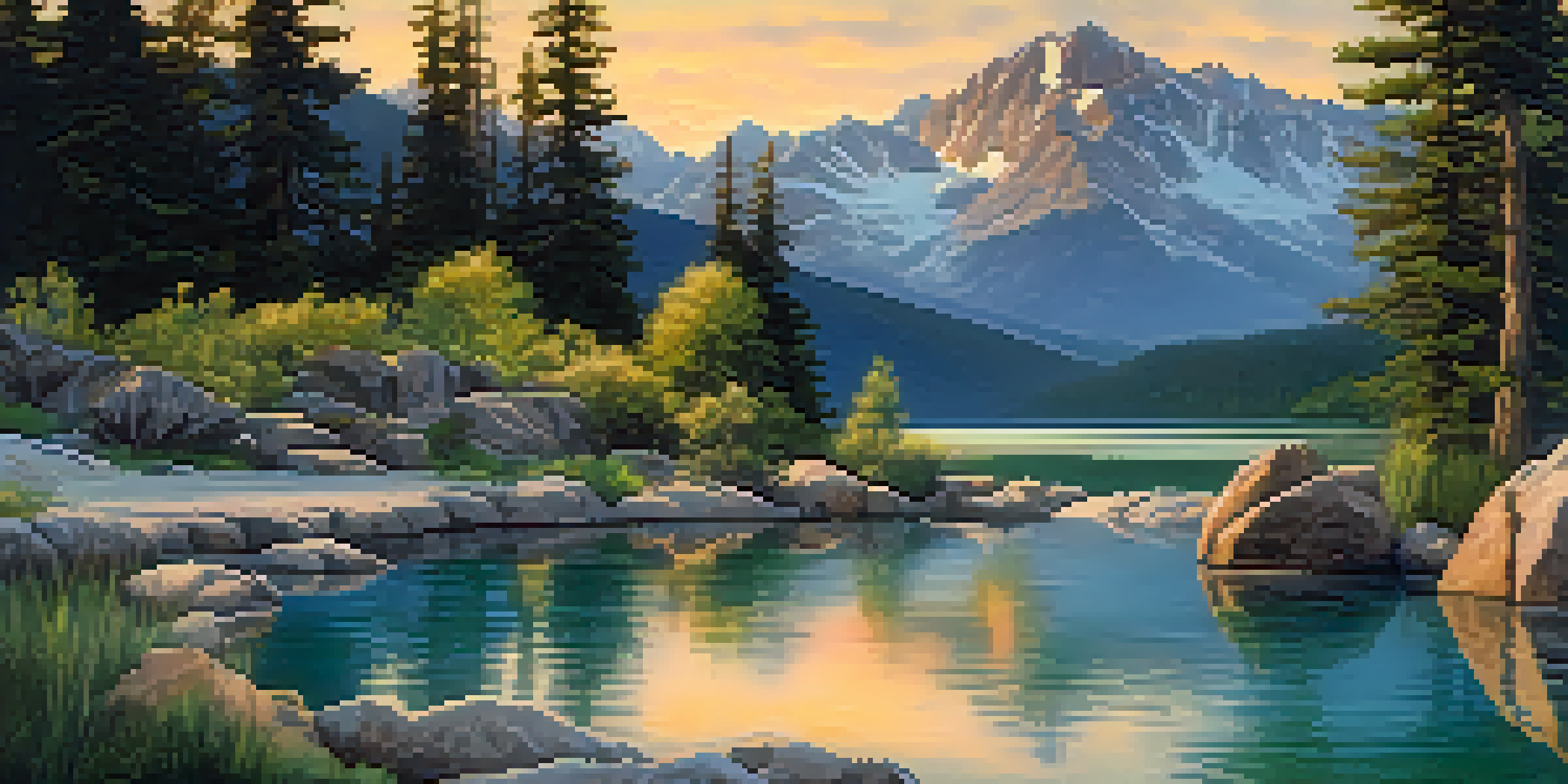 A peaceful hot spring scene with a couple relaxing in warm water, surrounded by Rocky Mountains and lush greenery at sunset.