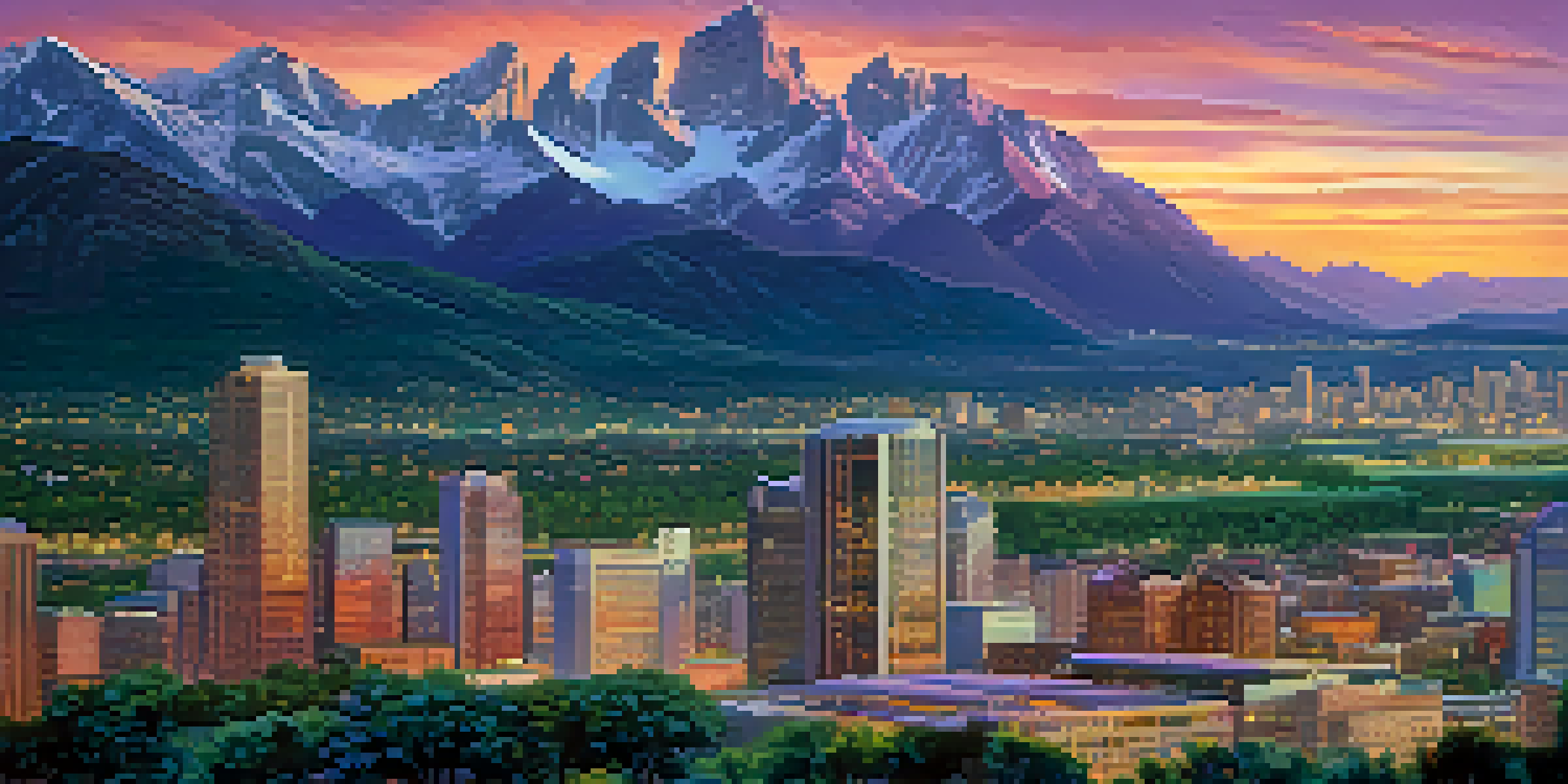A sunset view of a city skyline with mountains in the background, featuring a park with families.