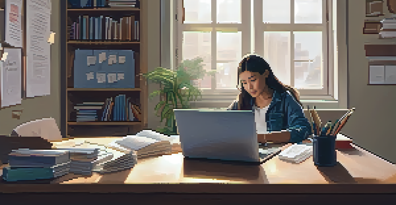 A focused individual studying at home with a laptop and educational materials, surrounded by a motivational environment that highlights digital literacy.