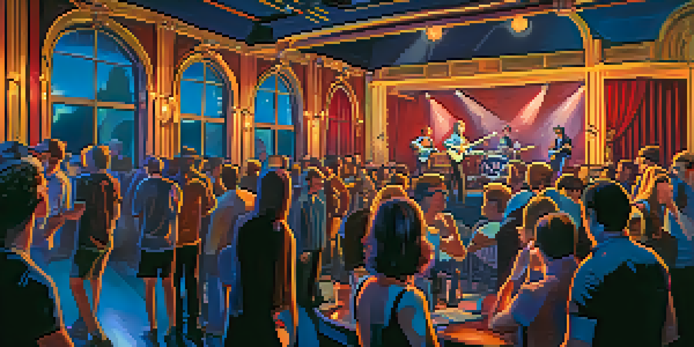 A lively indie rock band performing at the Bluebird Theater in Denver, with colorful lights and an engaged audience.