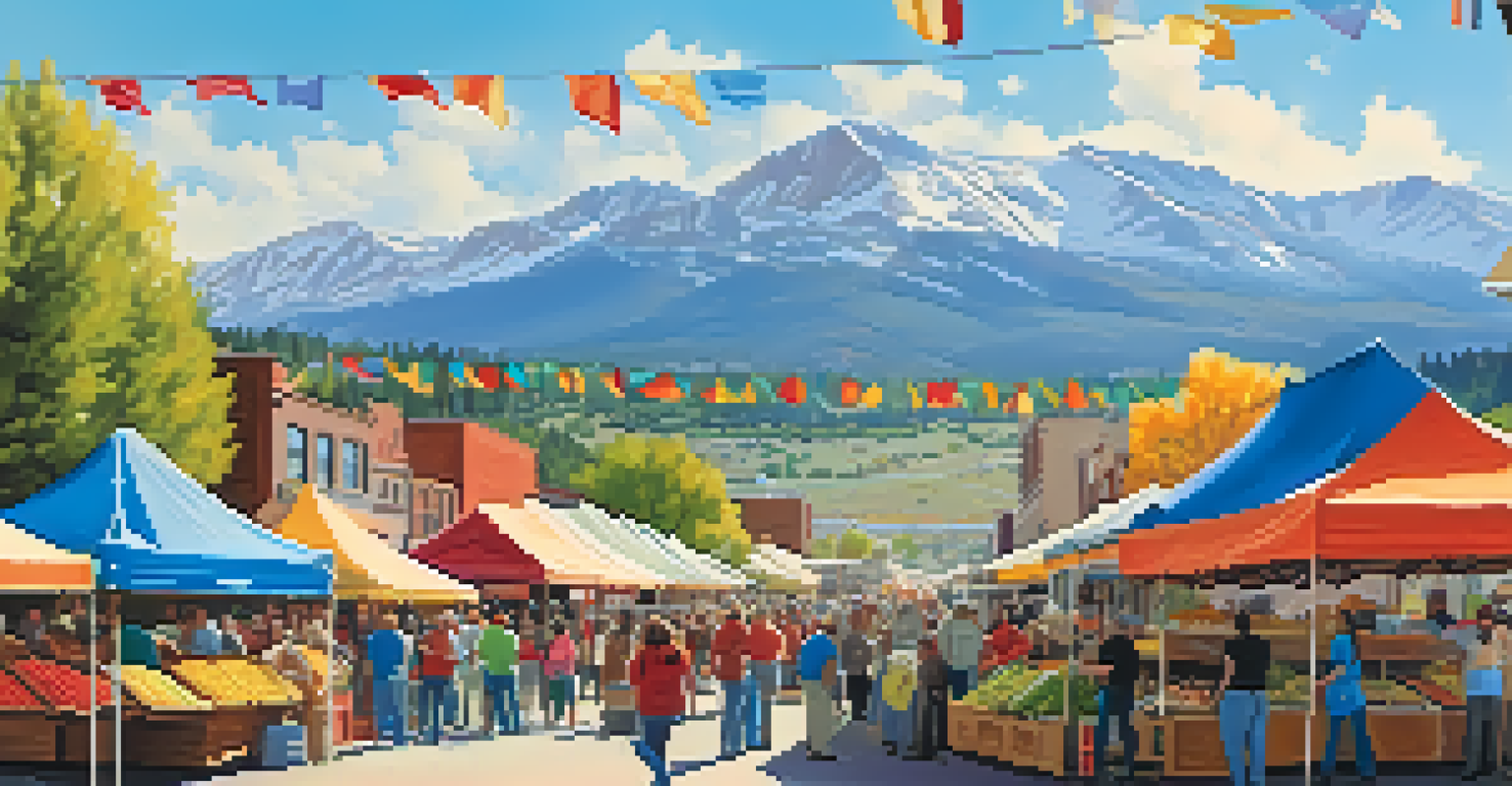 A colorful farmers' market in Colorado with fresh produce and people enjoying the atmosphere.