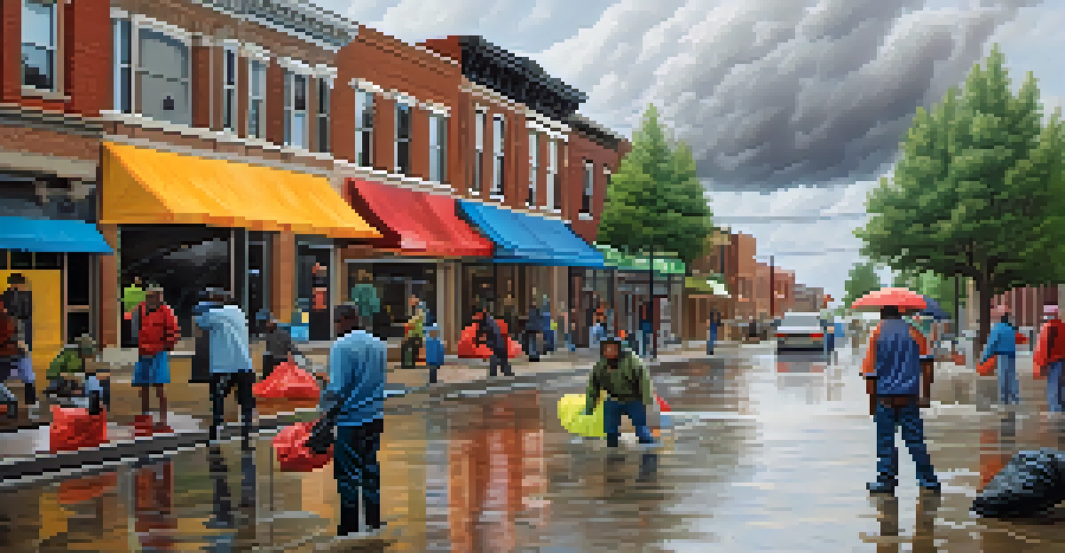 People in Denver working together to set up sandbags on a street after rain, emphasizing community flood preparedness.