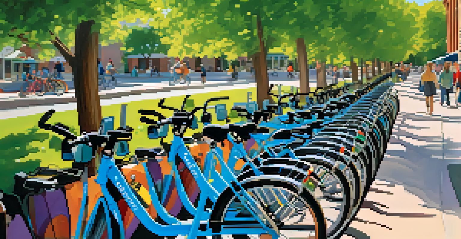 A bike-sharing station in Boulder with colorful bikes, green parks, and people cycling under a blue sky.