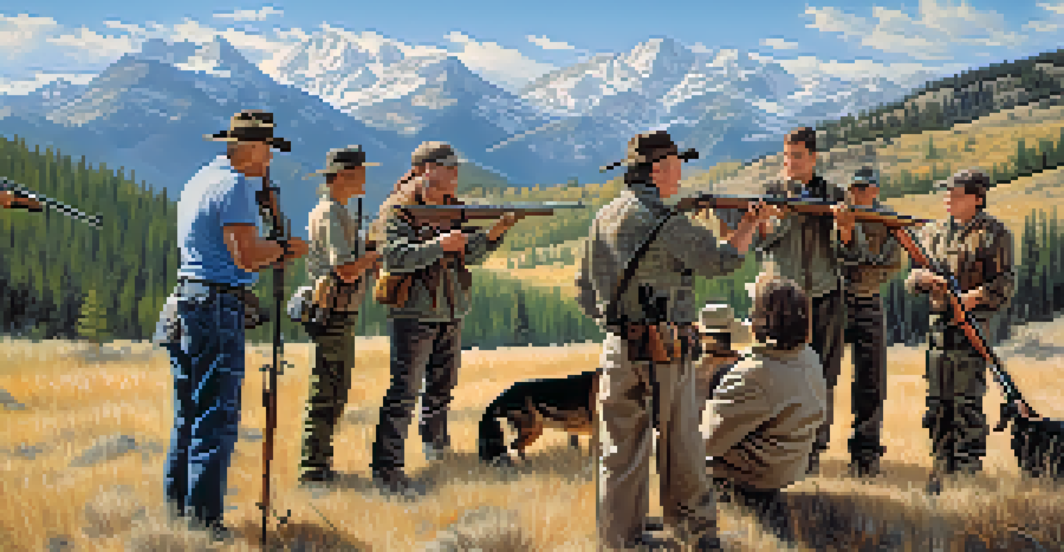 A group of diverse hunters attending a safety course outdoors in Colorado, with mountains in the background.