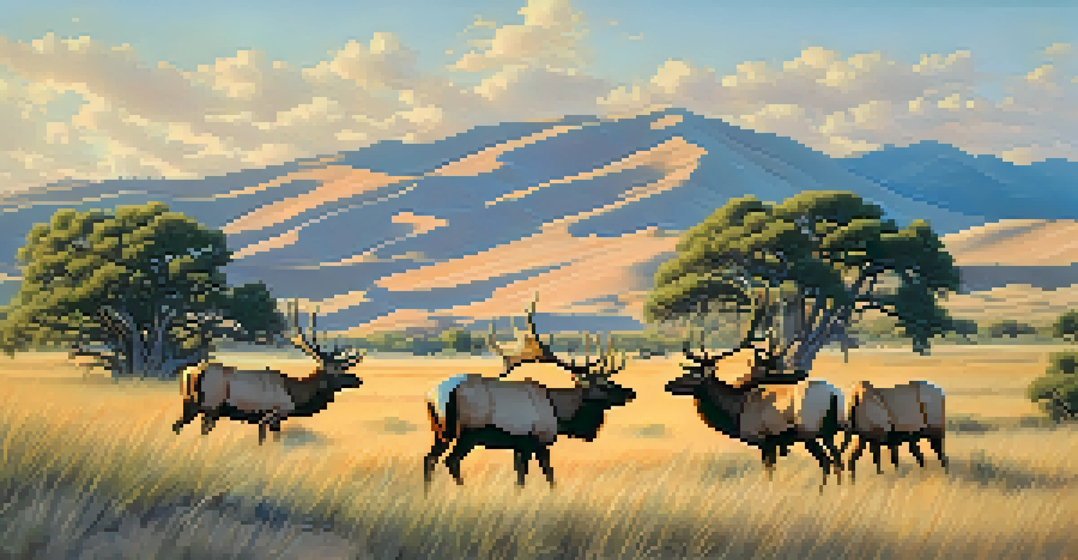 A serene scene of elk grazing in a lush meadow with towering sand dunes in the background under a clear blue sky.