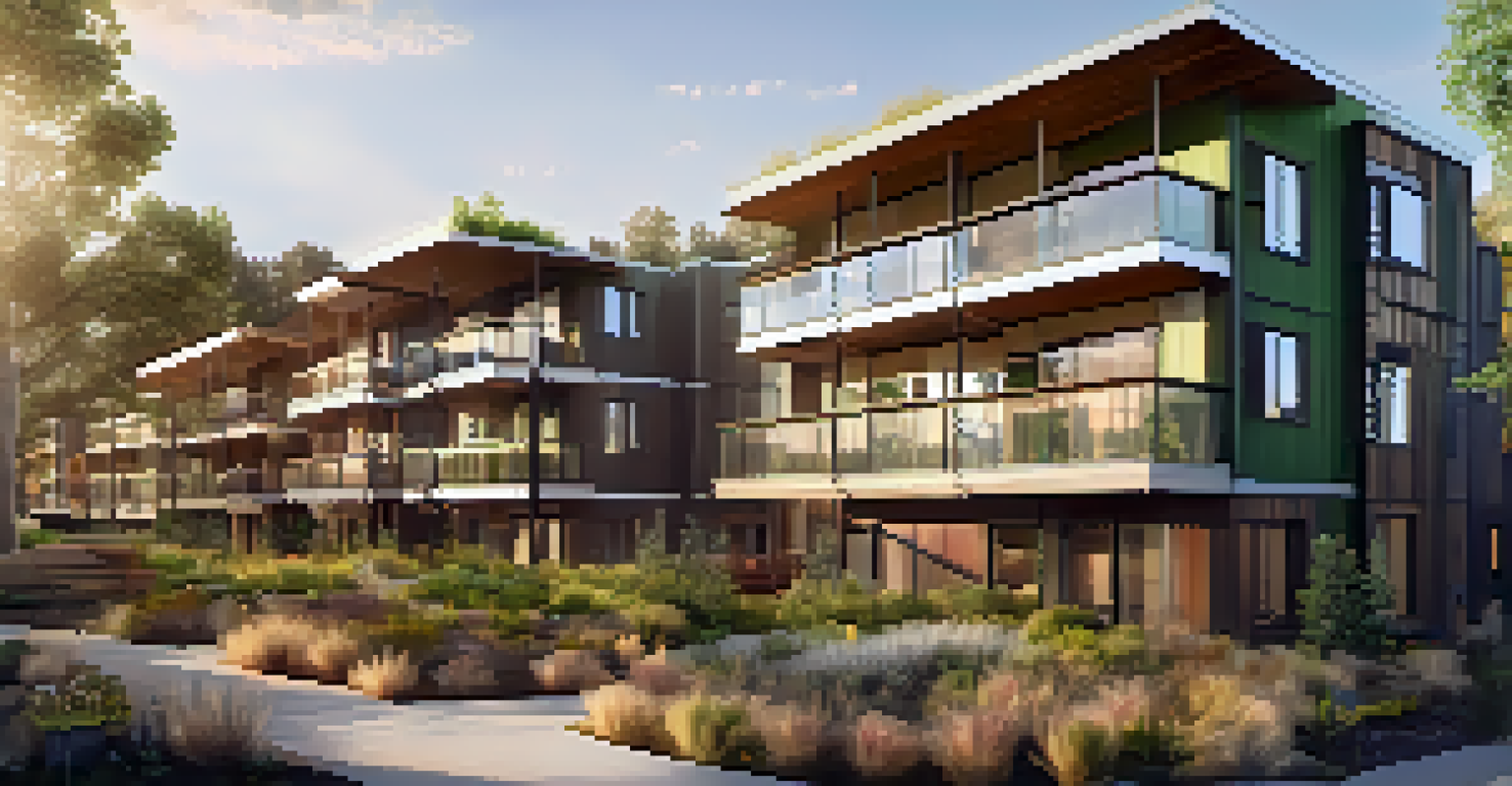 A modern eco-friendly apartment complex in Colorado with green features and warm golden hour light.