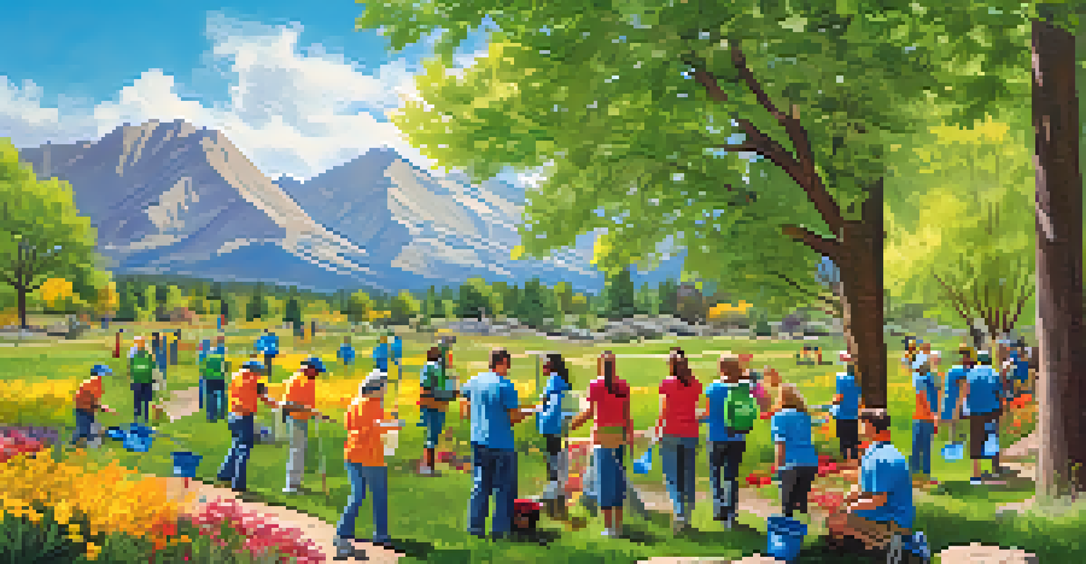 Volunteers cleaning a park and planting trees in a vibrant natural setting.