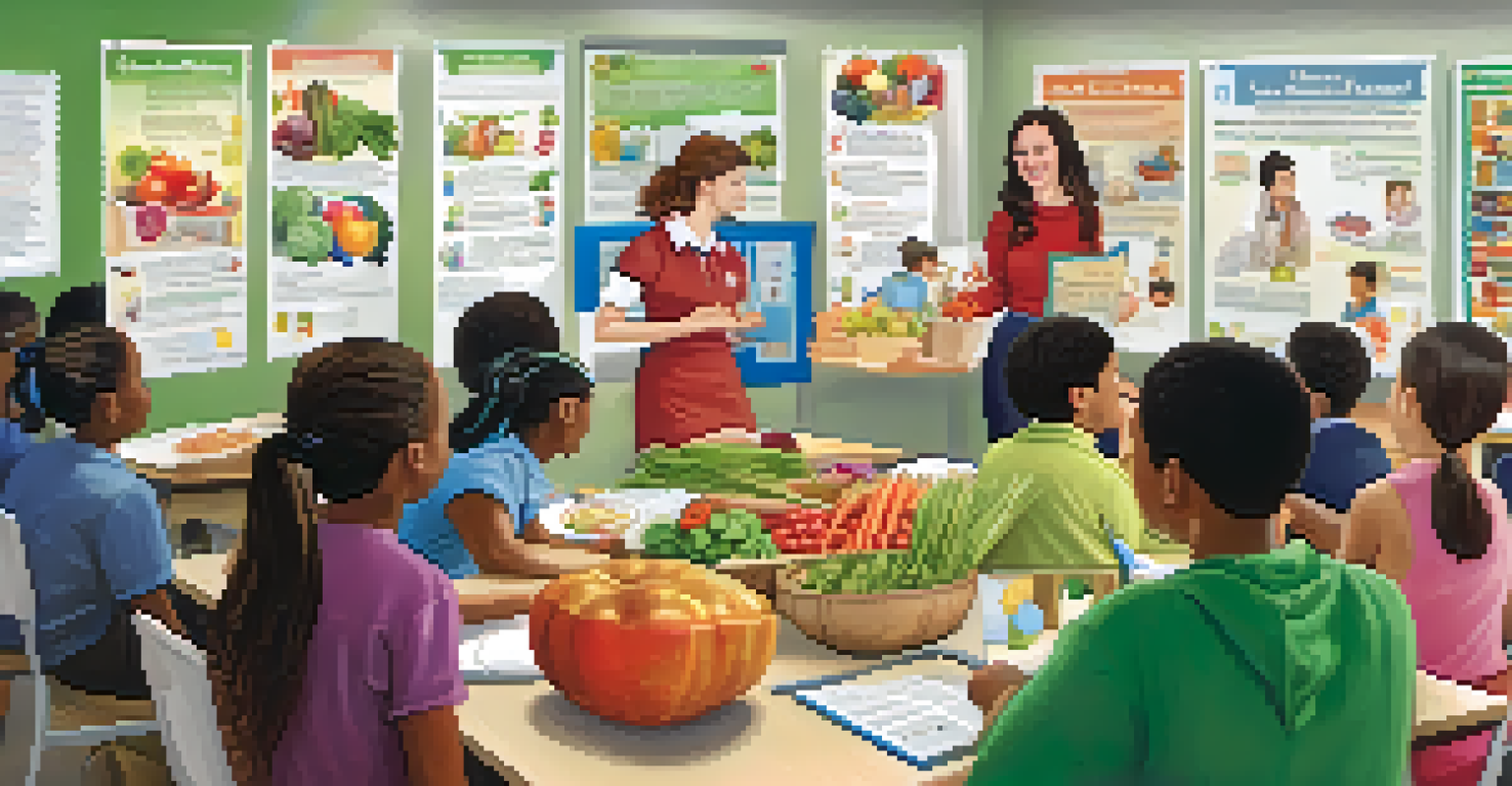 A classroom scene with a health educator teaching students about nutrition, surrounded by educational materials and fresh produce.