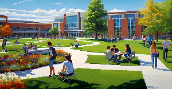 A lively community college campus in Colorado with students studying and collaborating outdoors.