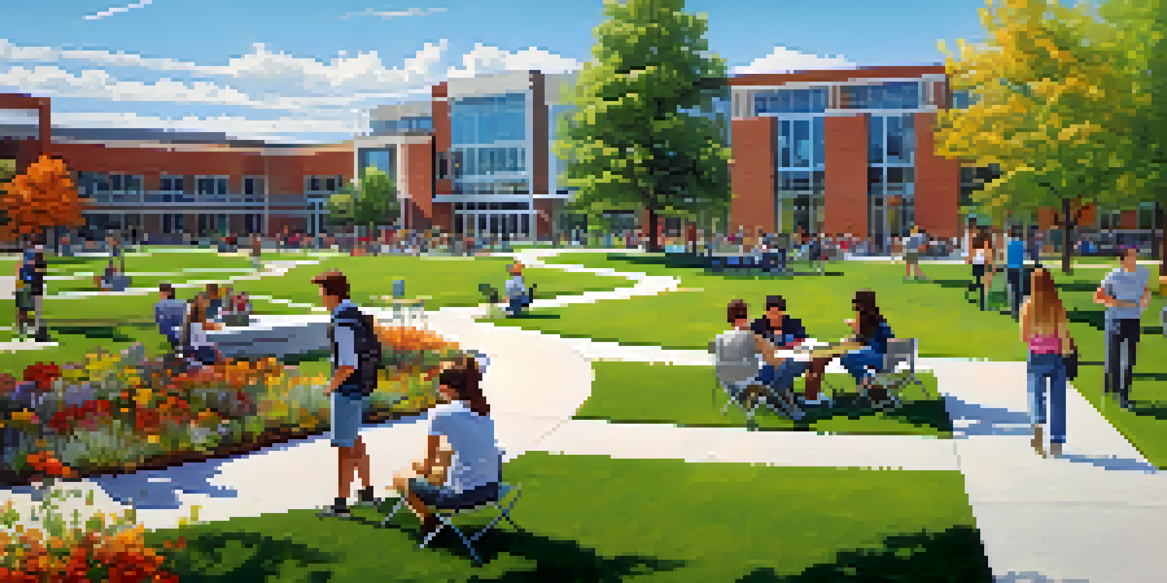 A lively community college campus in Colorado with students studying and collaborating outdoors.