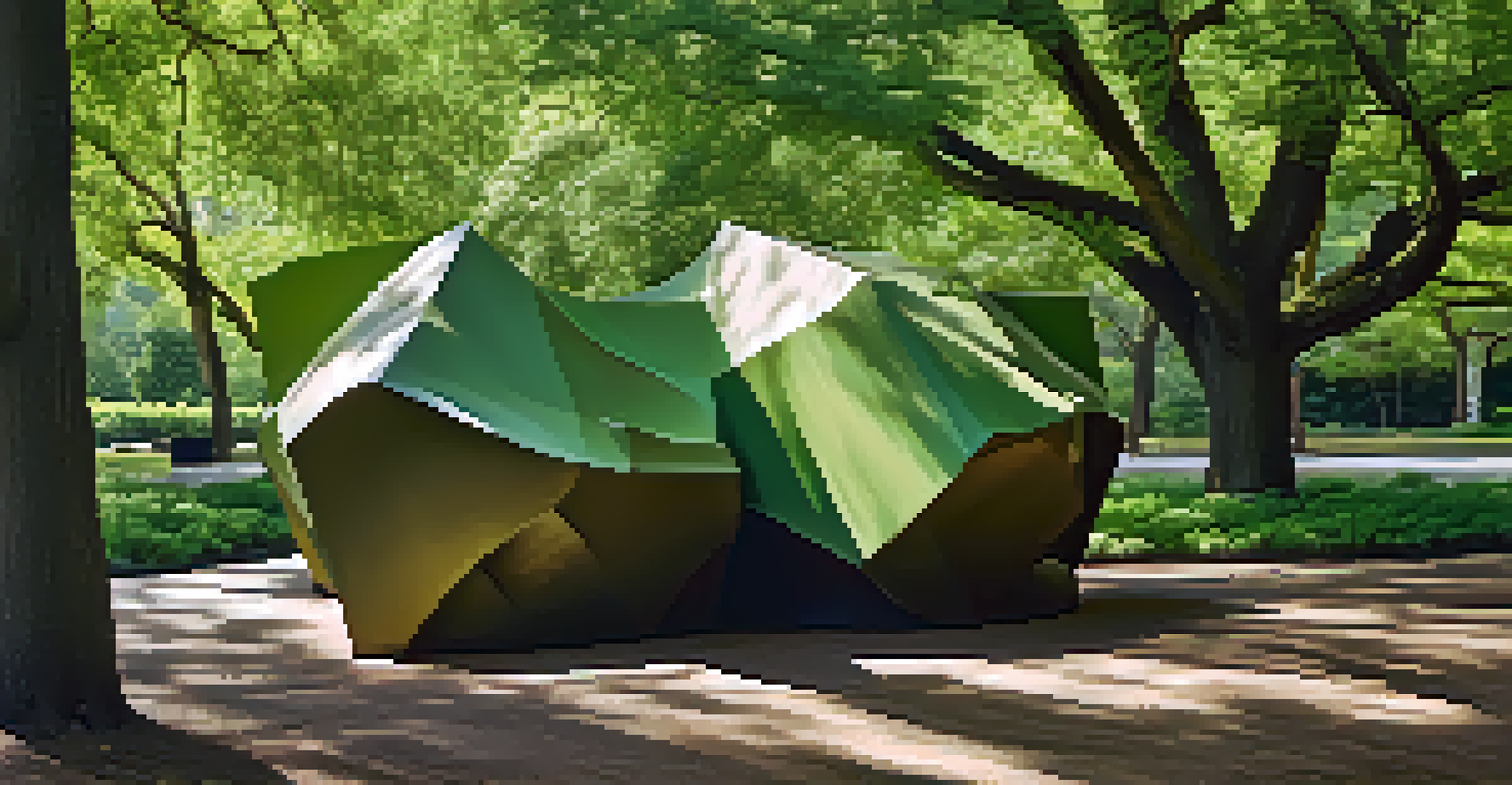 A large abstract sculpture made from recycled materials in a green park, surrounded by trees and sunlight casting shadows.