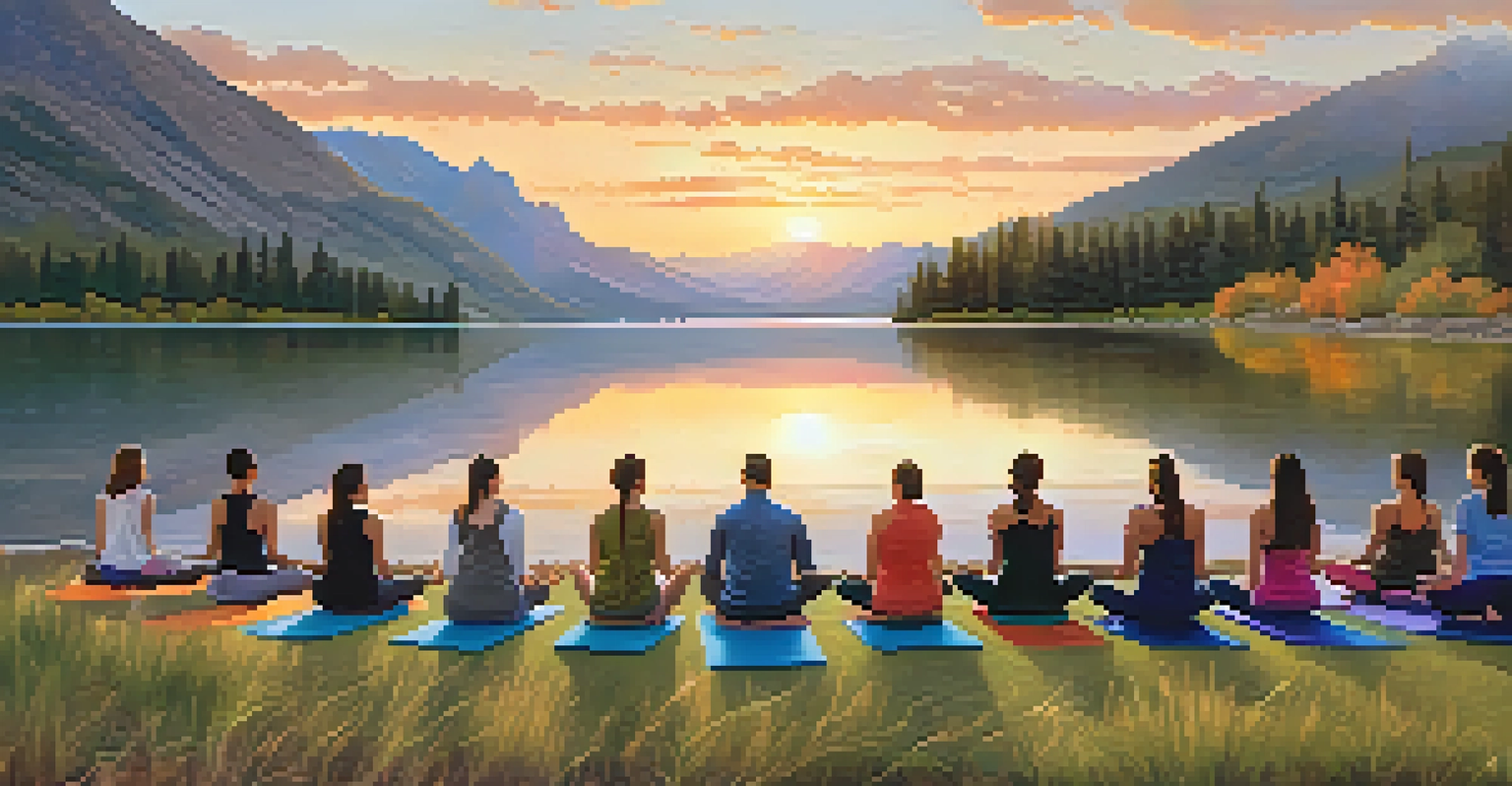 A peaceful yoga session by a lake in Colorado at sunset, emphasizing mindfulness and outdoor activity.