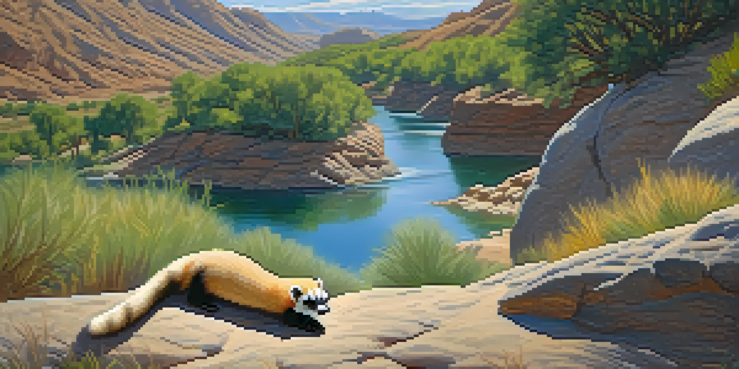 A peaceful view of the Colorado River with a black-footed ferret in the foreground surrounded by mountains and greenery.