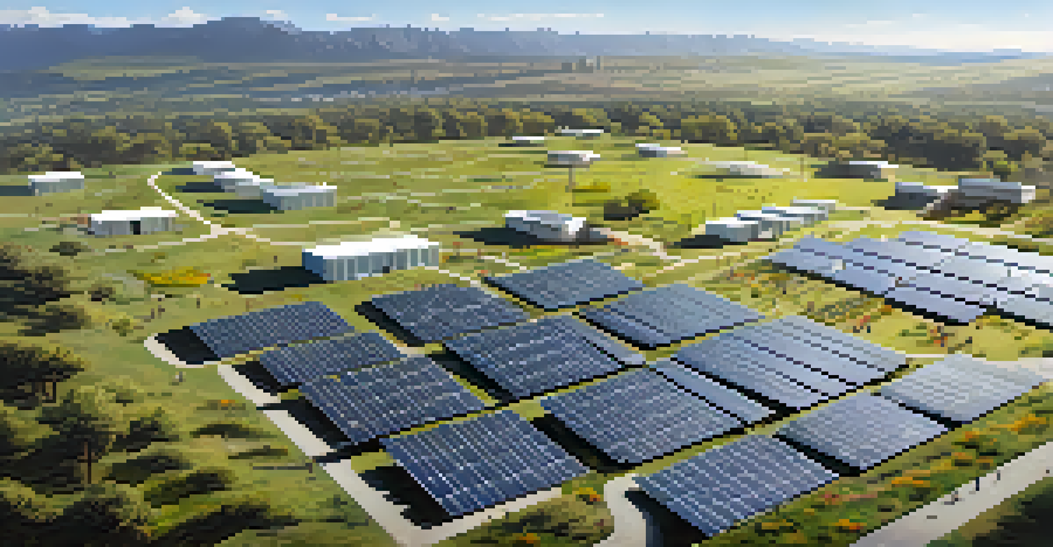 Aerial view of a community solar garden with solar panels and people walking nearby.