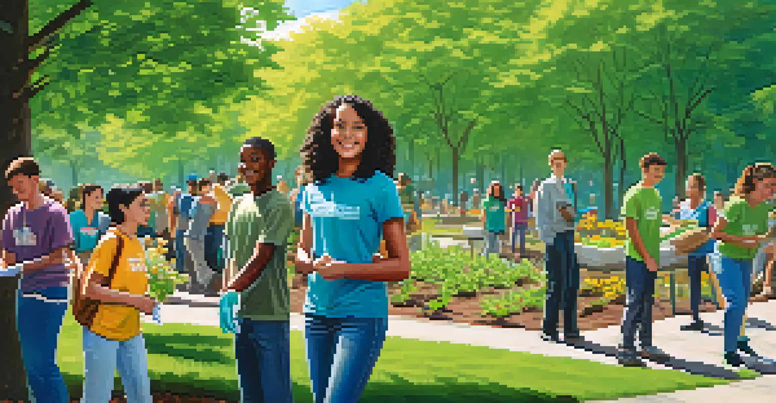 A high school student leading a tree planting project in a park, surrounded by enthusiastic peers.