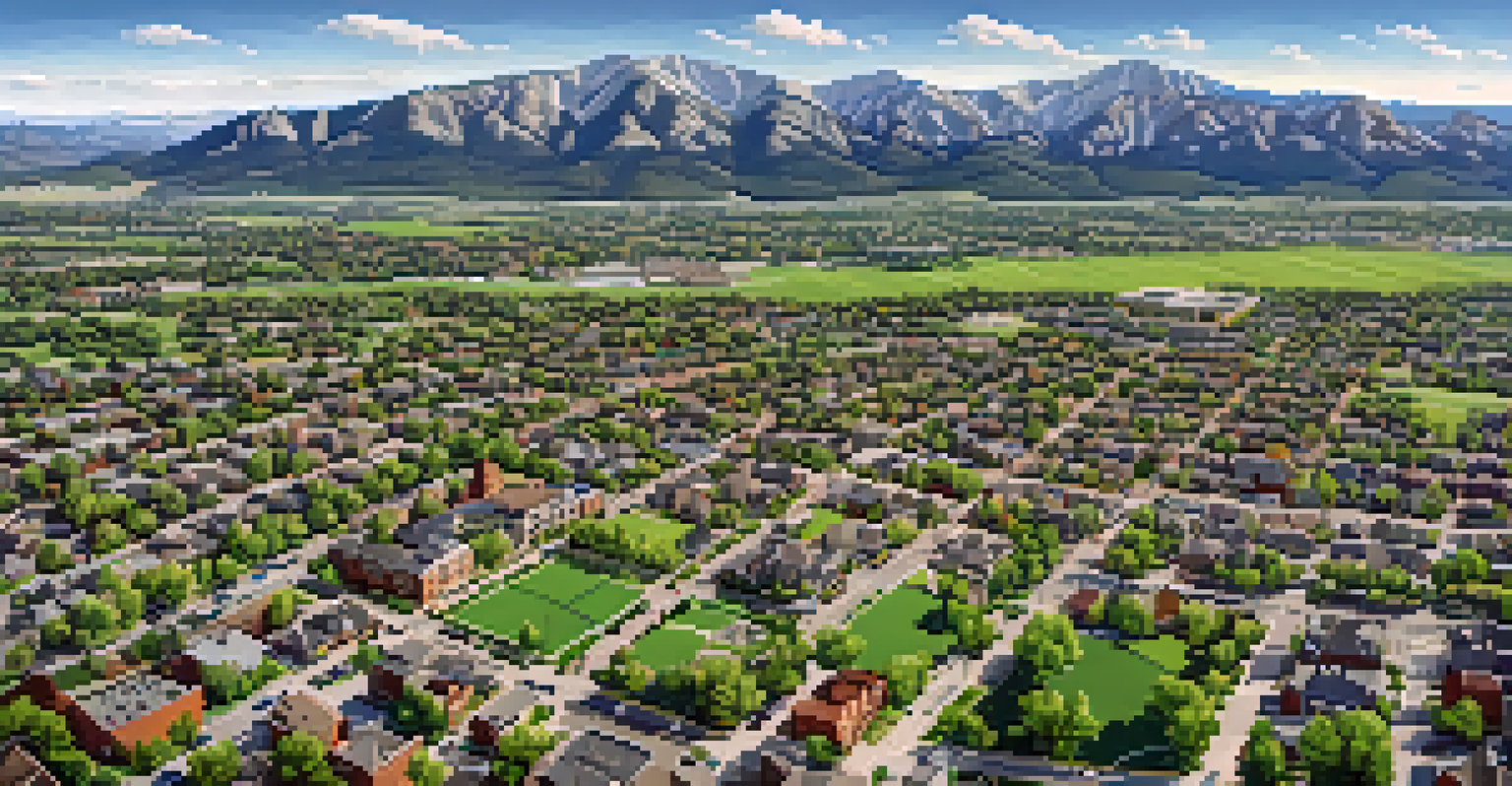 Aerial view of Boulder, Colorado, featuring green infrastructure and the Rocky Mountains in the background.