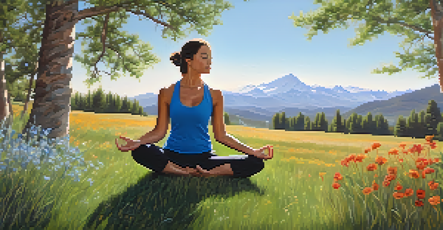 A peaceful yoga practice in a Colorado landscape, with mountains and wildflowers, illustrating a healthy lifestyle.