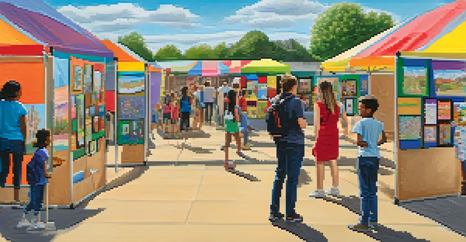 A school arts fair with students' artwork on display and performances happening, creating a lively atmosphere.