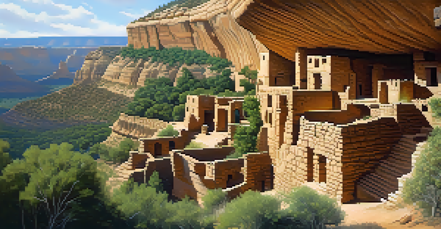 A landscape view of Mesa Verde National Park, showcasing ancient cliff dwellings surrounded by lush greenery.
