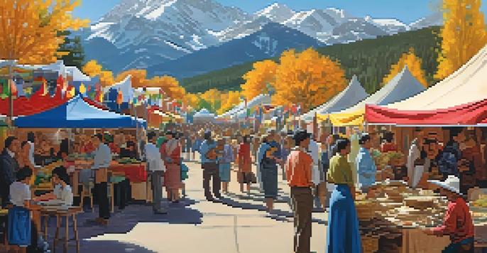 A lively cultural festival in Colorado with diverse attendees, traditional crafts, and a mountainous backdrop.