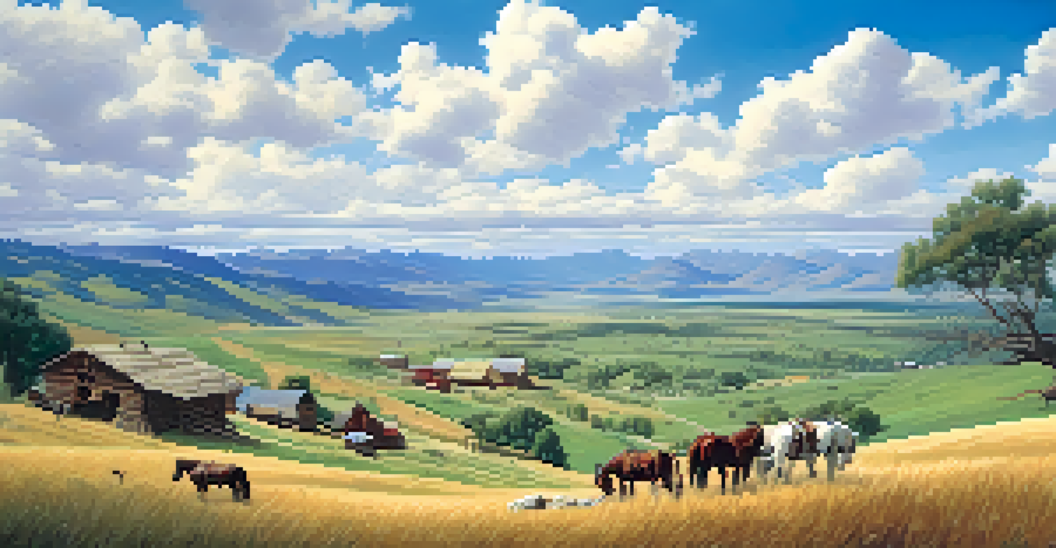 A peaceful Colorado landscape showing farms and settlers working in the fields, symbolizing the development of the territory after the Compromise of 1850.