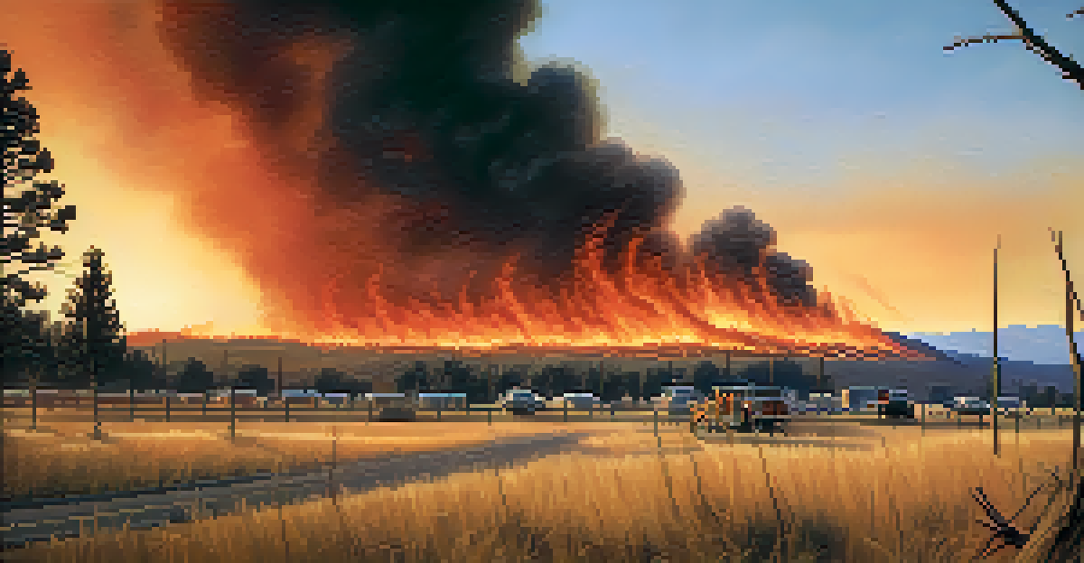 A close-up of a wildfire in Colorado with flames and smoke against a sunset sky.
