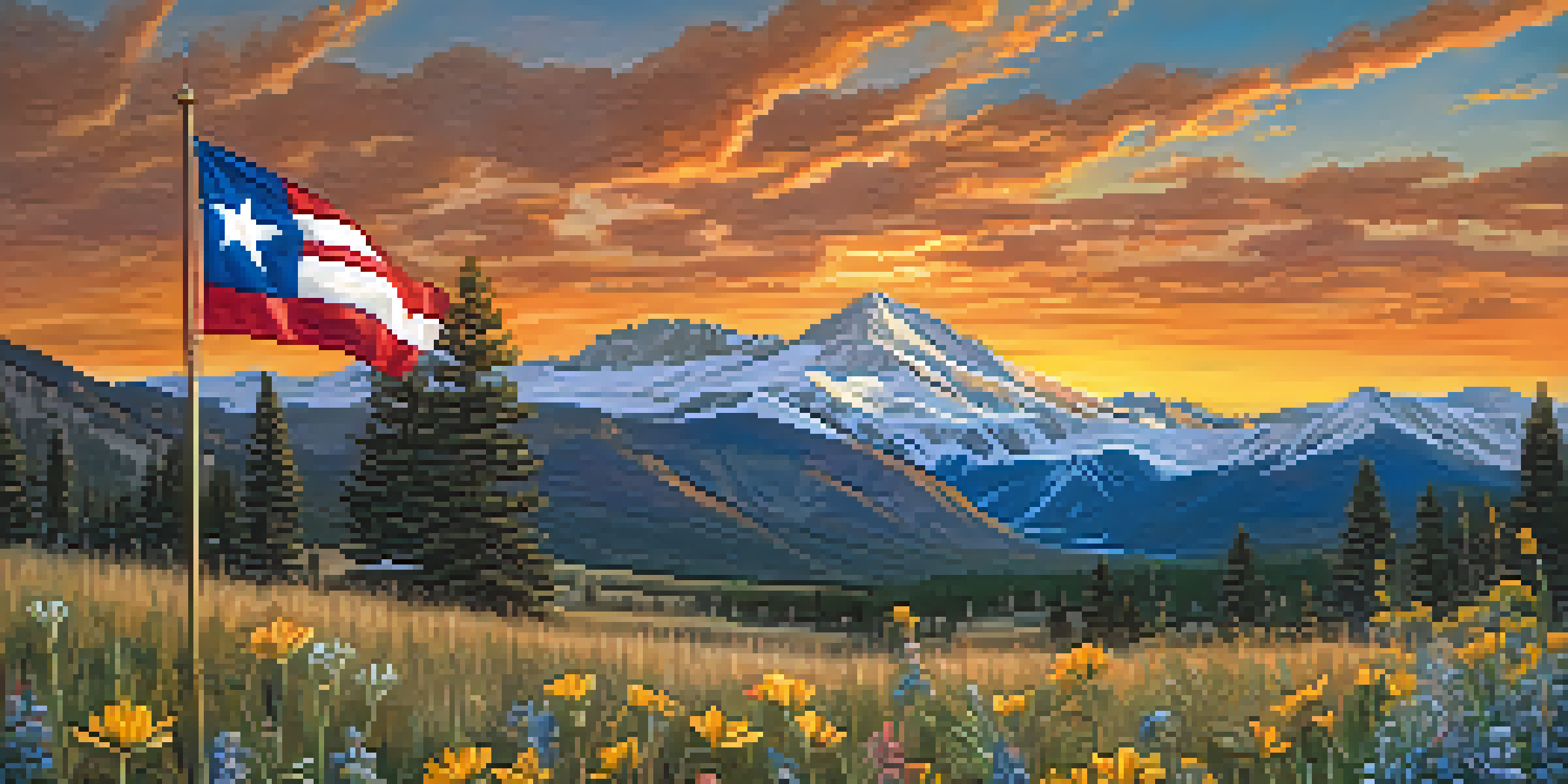 A photo of the Colorado state flag waving in front of the Rocky Mountains at sunset, showcasing vibrant colors and snow-capped peaks.