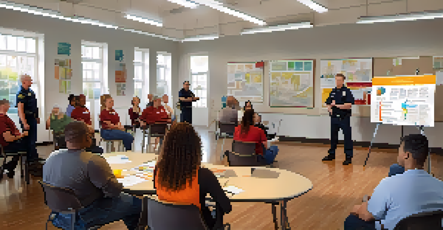 First responders participating in a mental health crisis management training workshop in a community center, with an engaging instructor.