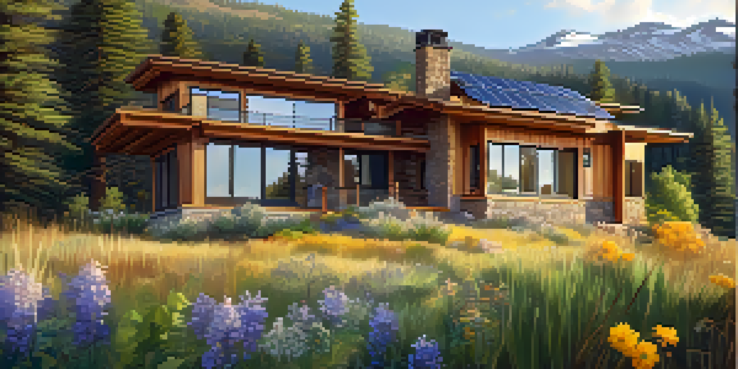 An eco-friendly home in the Colorado mountains, surrounded by greenery and wildflowers, with solar panels and large windows under clear blue skies.