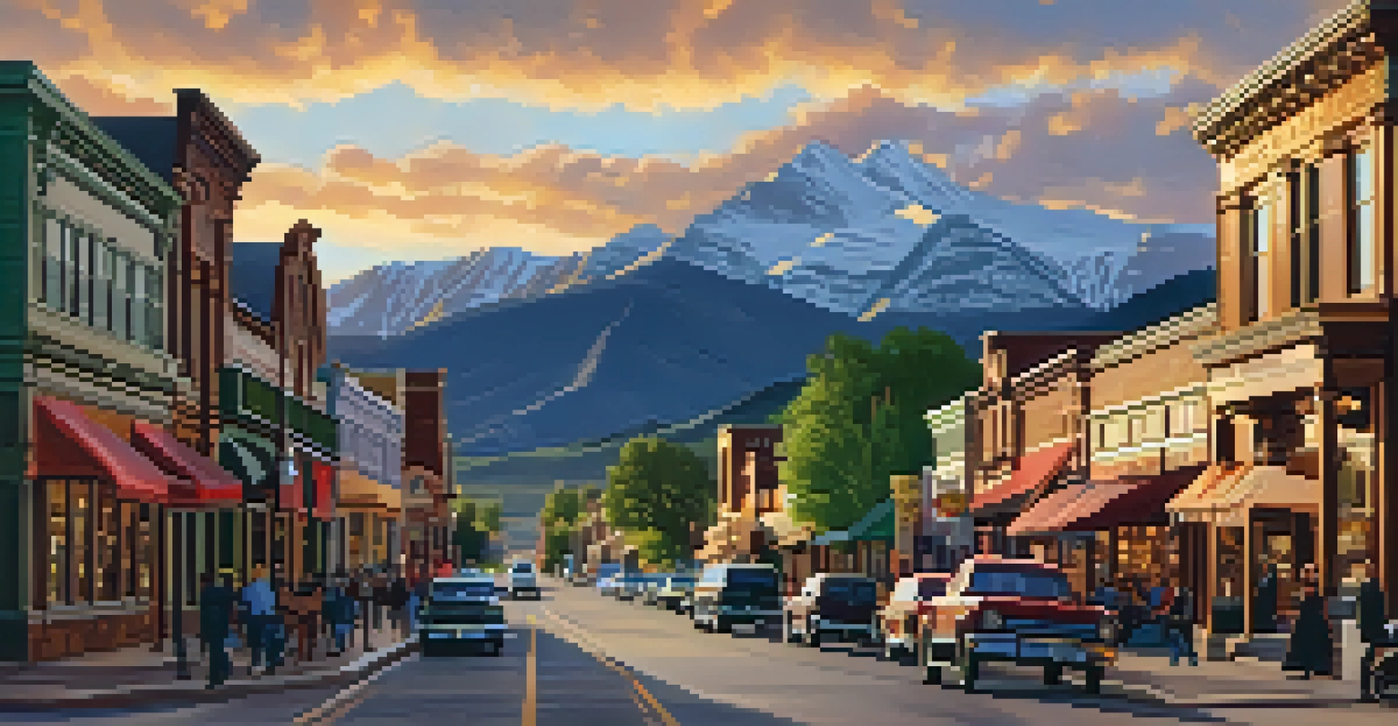 A historic Colorado town with Victorian architecture and mountains, showcasing diverse people interacting under a warm sunset.