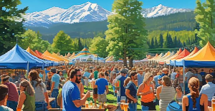 A lively outdoor craft beer festival in Colorado with colorful tents, people socializing and enjoying craft beers under a clear blue sky.