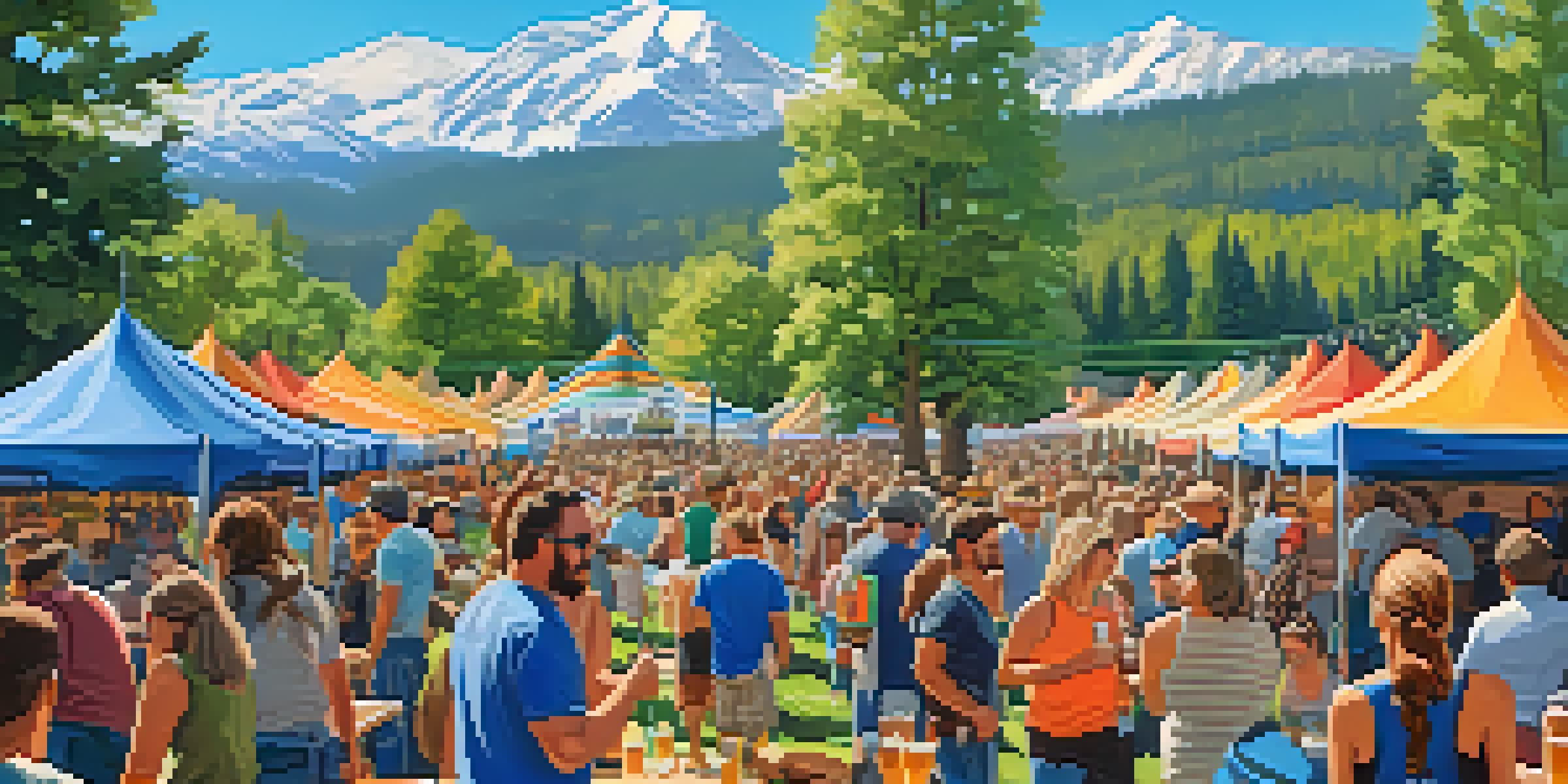 A lively outdoor craft beer festival in Colorado with colorful tents, people socializing and enjoying craft beers under a clear blue sky.
