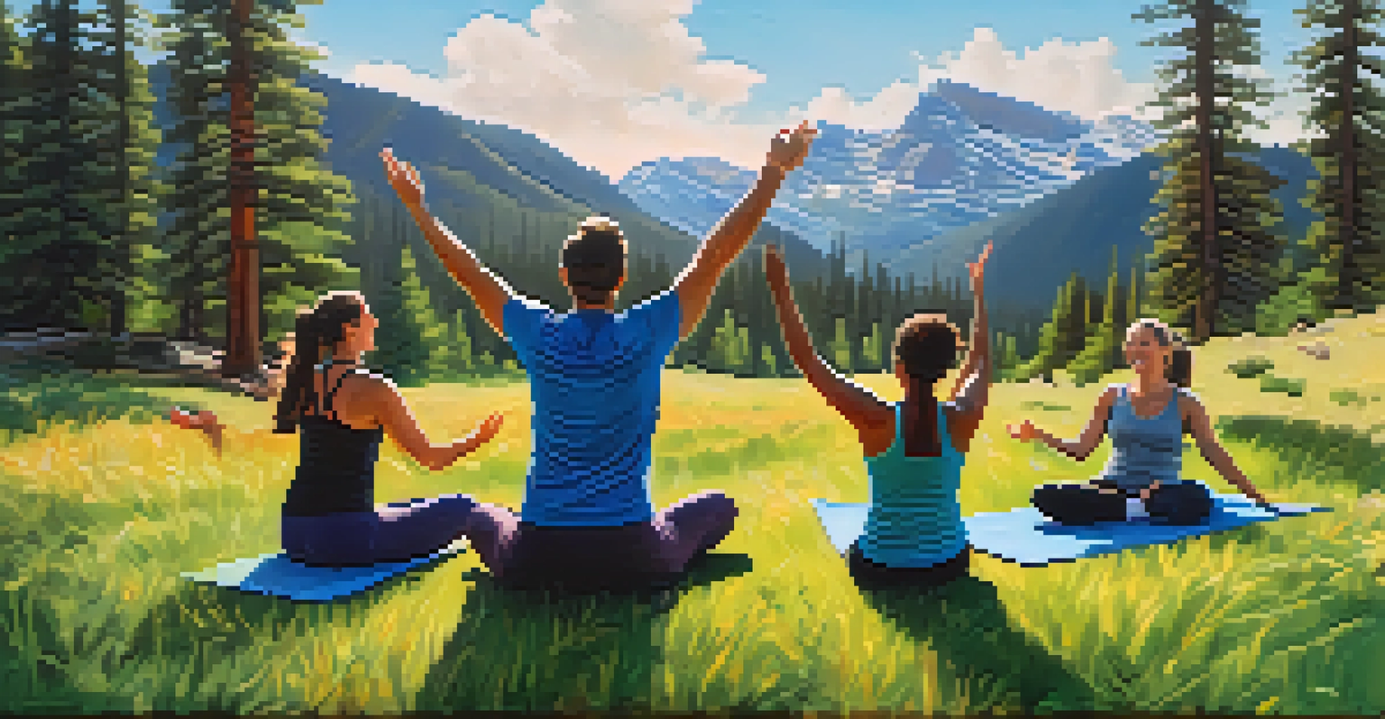 A group of friends with yoga mats on their shoulders enjoying a hike in the Rocky Mountains, surrounded by trees and mountains under a blue sky.