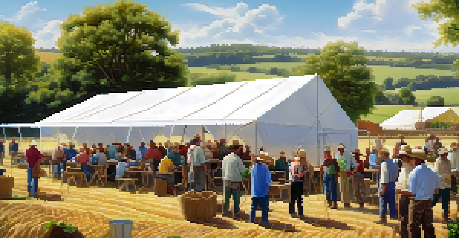 Farmers gathered at an outdoor workshop learning about renewable energy practices, surrounded by agricultural tools and crops.