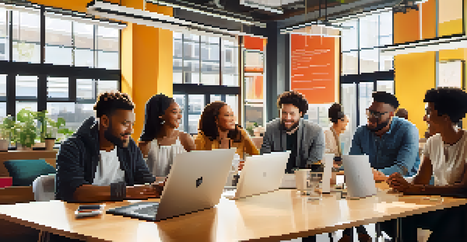 A diverse group of tech entrepreneurs collaborating in a modern co-working space with laptops and notepads.