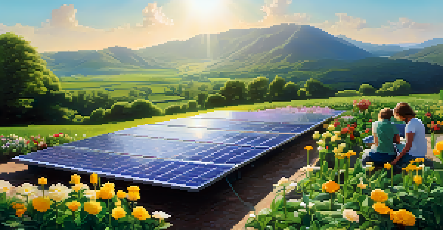 Close-up of a solar panel with sunlight, surrounded by plants and community members planting.